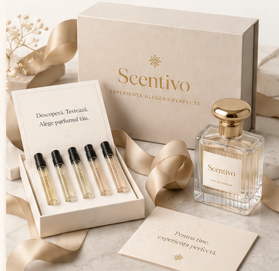 Cutie cadou Scentivo cu mostre de parfum, panglică și flacon elegant